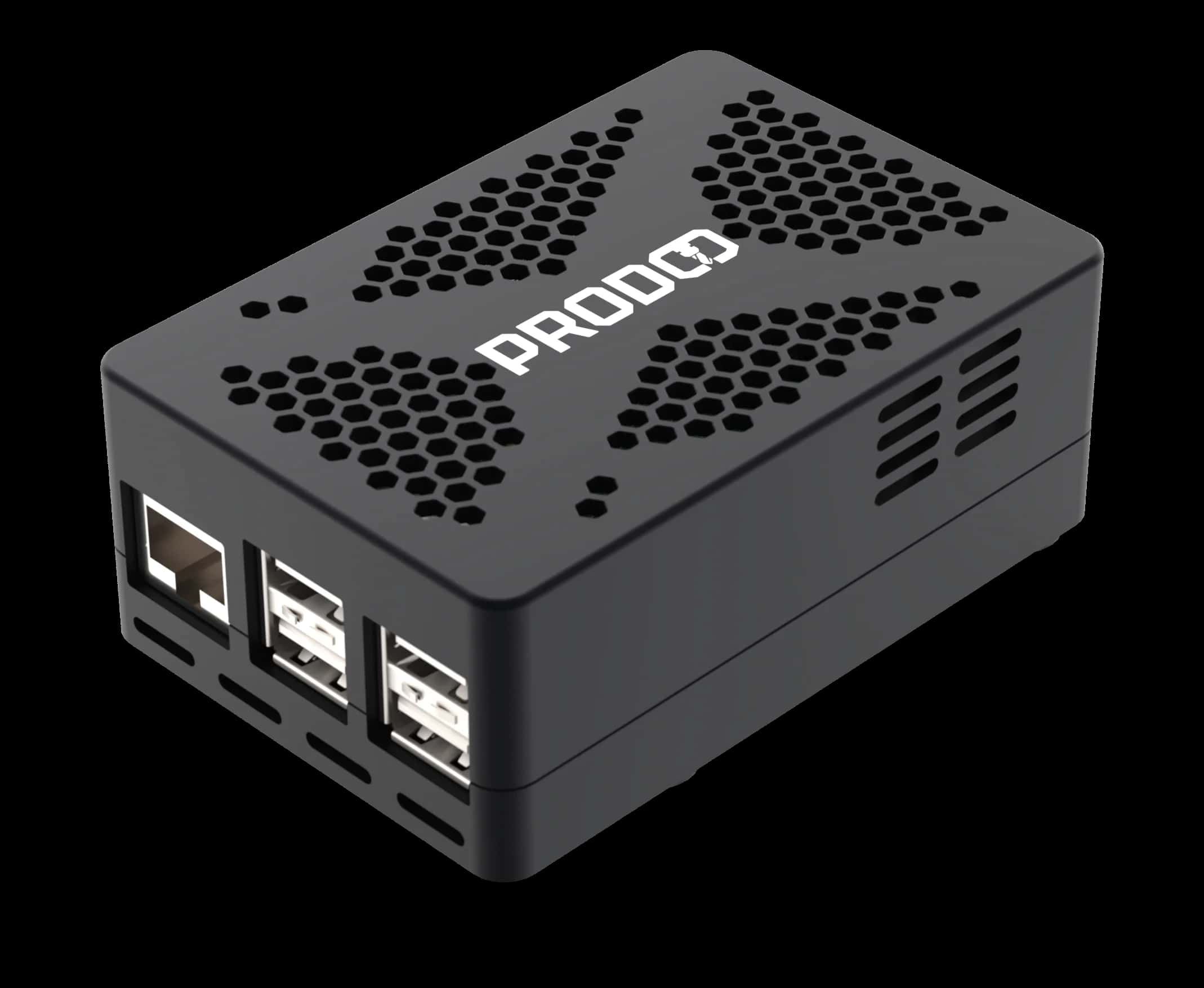 ProdQ Box — czarna obudowa z heksagonalną wentylacją, portem Ethernet i czterema portami USB