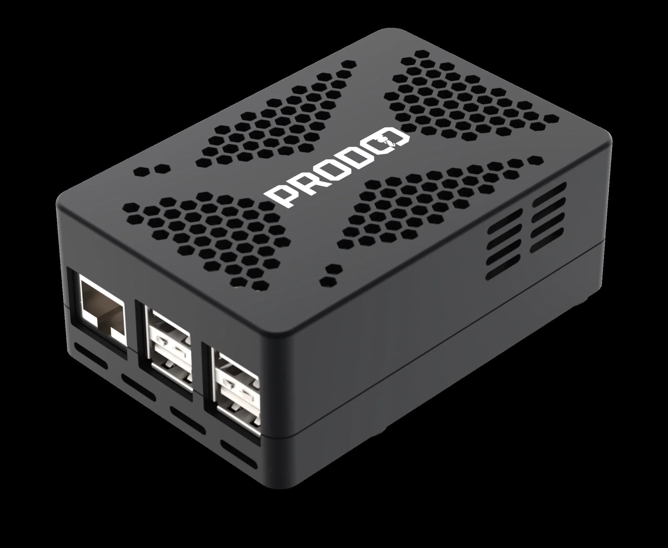 ProdQ Box z przodu: port Ethernet i cztery porty USB, heksagonalna wentylacja na pokrywie