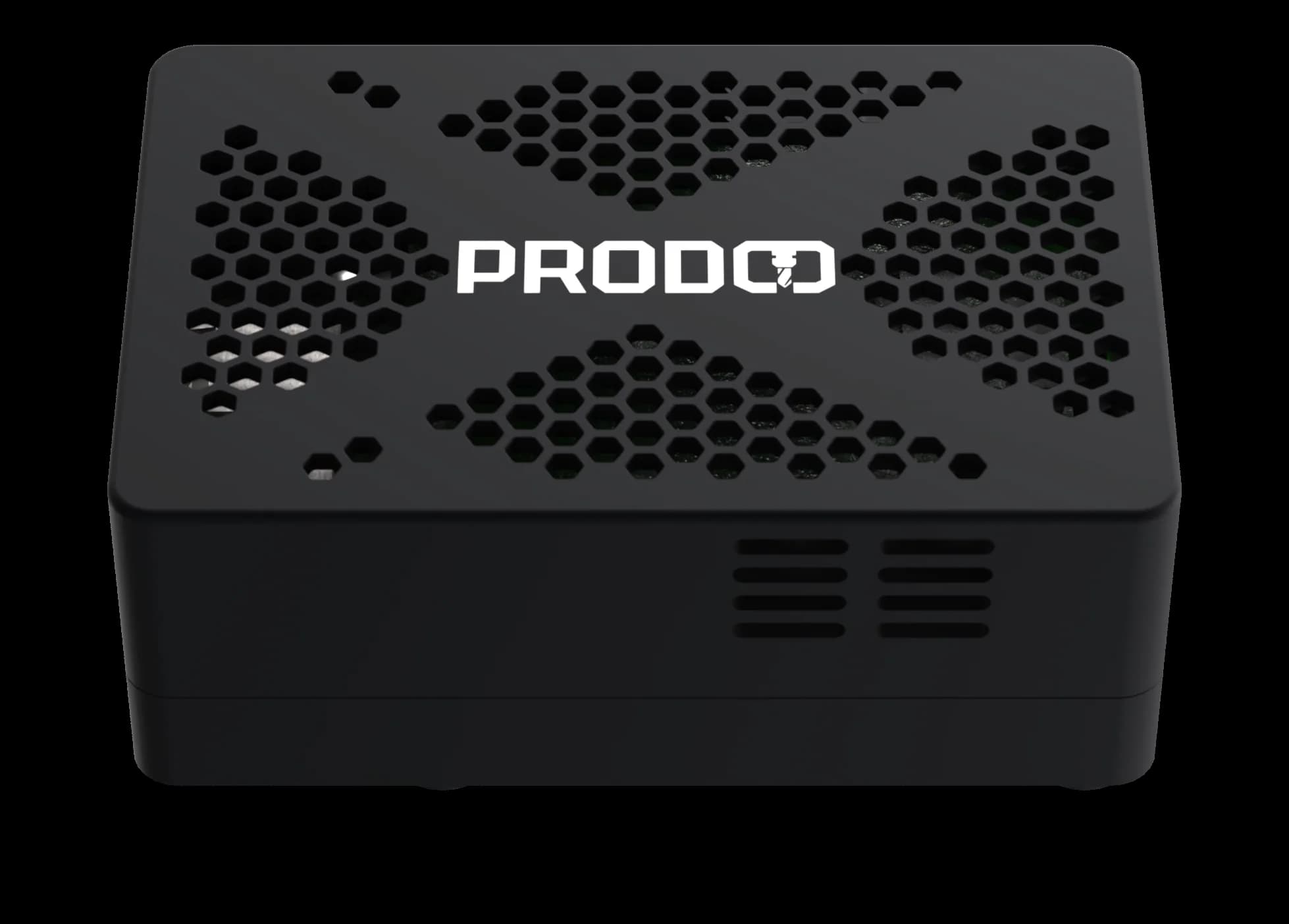 ProdQ Box z góry: białe logo i heksagonalna wentylacja na czarnej pokrywie