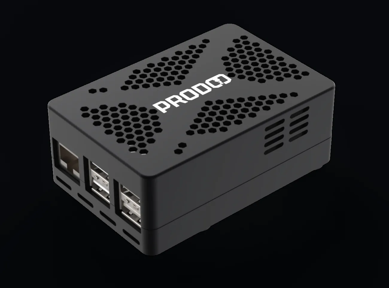 ProdQ Box — czarna obudowa z heksagonalną wentylacją, portem Ethernet i czterema portami USB, obracająca się podczas przewijania